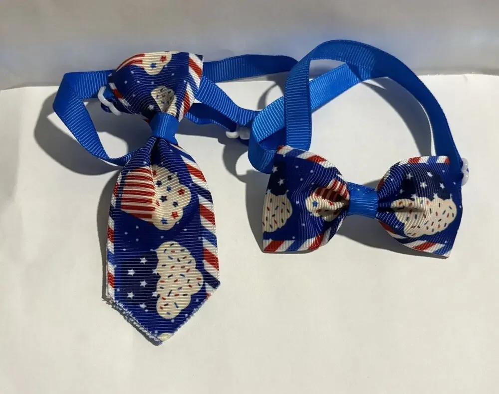Bow Tie Necktie Set 250th July 4th USA Flag Cupcakes Dog Cat 7